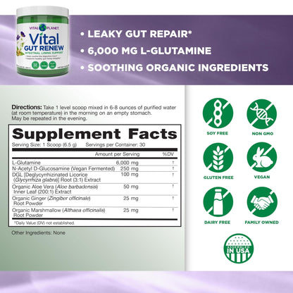 Vital Planet - Vital Gut Renew Powder Supplement for Leaky Gut Repair with L-Glutamine, Marshmallow and Ginger Root, DGL Licorice Root and Organic - PrimeBioHealth - canada supplements