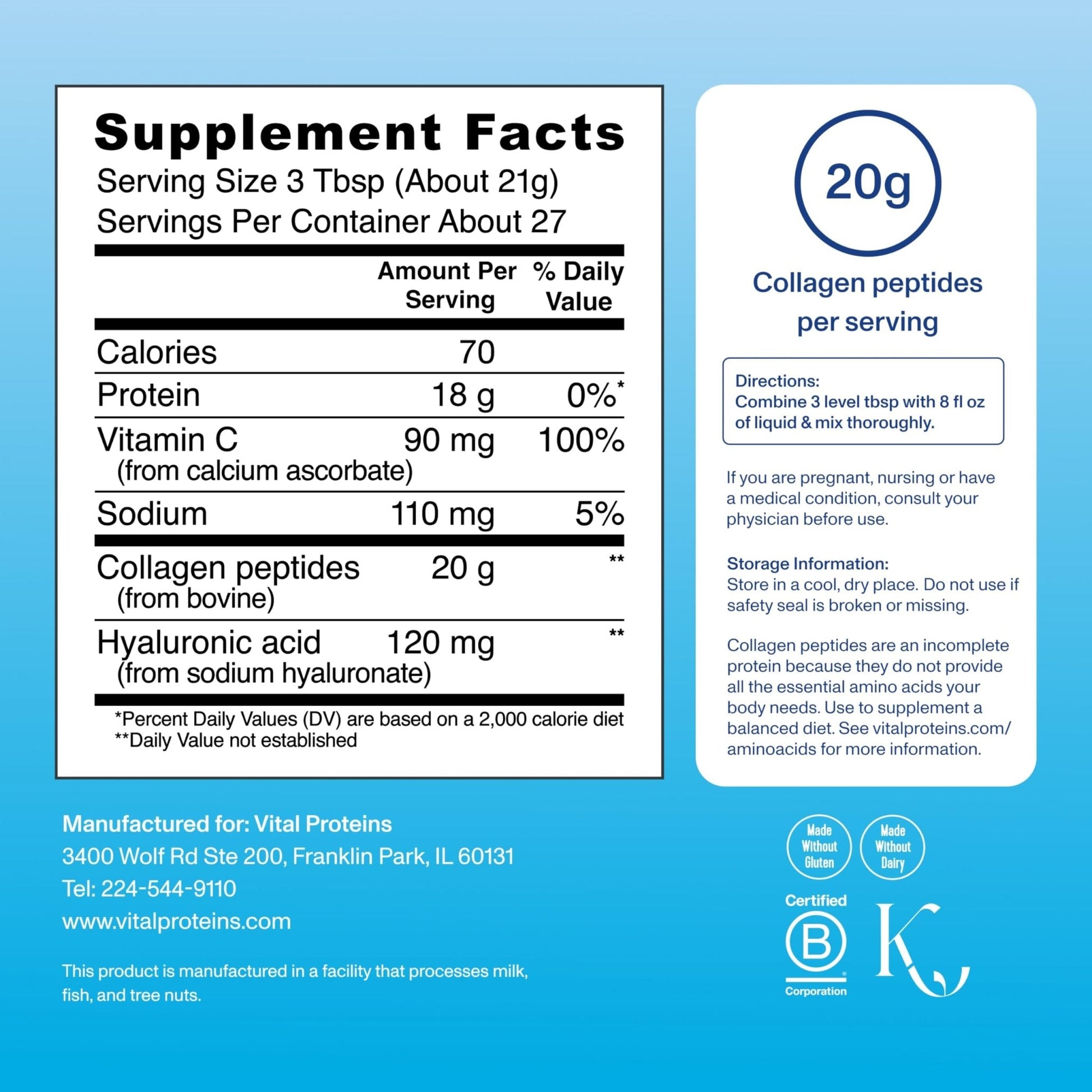 Vital Proteins Collagen Peptides Powder Advanced with Hyaluronic Acid & Vitamin C, 20oz Collagen Protein, Unflavored, 27 Servings - PrimeBioHealth - canada supplements