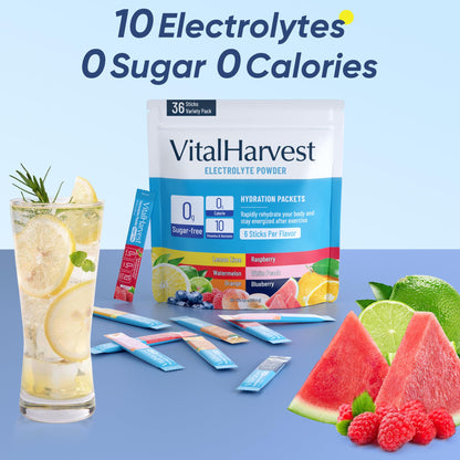 VitalHarvest 36 Sticks Electrolytes Powder Packets 6 Flavors Sugar Free Hydration Packets Electrolyte Liquid Daily IV Drink Mix with Lemon Lime, Watermelon, Orange - PrimeBioHealth - canada supplements