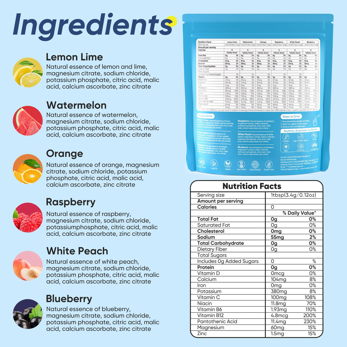 VitalHarvest 36 Sticks Electrolytes Powder Packets 6 Flavors Sugar Free Hydration Packets Electrolyte Liquid Daily IV Drink Mix with Lemon Lime, Watermelon, Orange - PrimeBioHealth - canada supplements