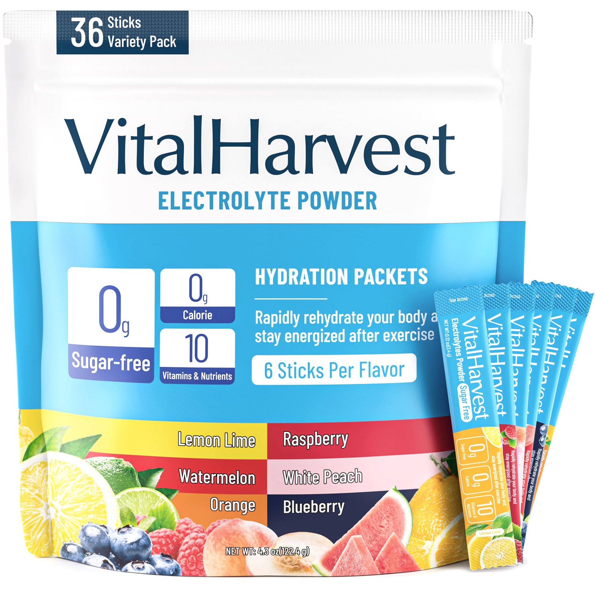 VitalHarvest 36 Sticks Electrolytes Powder Packets 6 Flavors Sugar Free Hydration Packets Electrolyte Liquid Daily IV Drink Mix with Lemon Lime, Watermelon, Orange - PrimeBioHealth - canada supplements