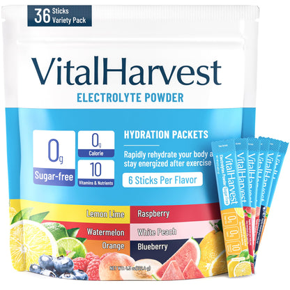 VitalHarvest 36 Sticks Electrolytes Powder Packets 6 Flavors Sugar Free Hydration Packets Electrolyte Liquid Daily IV Drink Mix with Lemon Lime, Watermelon, Orange - PrimeBioHealth - canada supplements