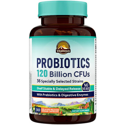 VITALITOWN Probiotics 120 Billion CFUs | 36 Strains, with Prebiotics & Digestive Enzymes for Men Women | Shelf Stable | Digestive Health & Immune Support - PrimeBioHealth - canada supplements