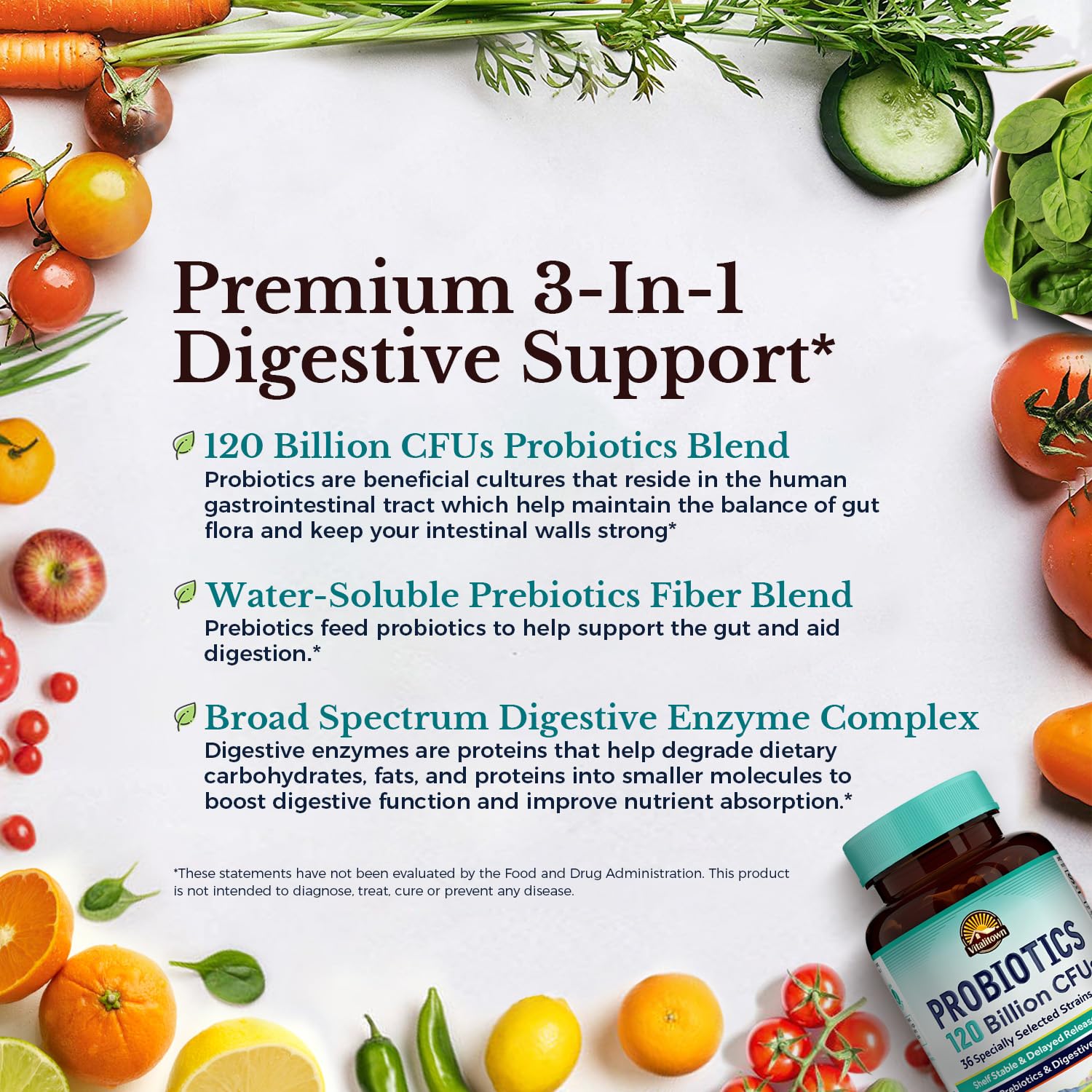 VITALITOWN Probiotics 120 Billion CFUs | 36 Strains, with Prebiotics & Digestive Enzymes for Men Women | Shelf Stable | Digestive Health & Immune Support - PrimeBioHealth - canada supplements