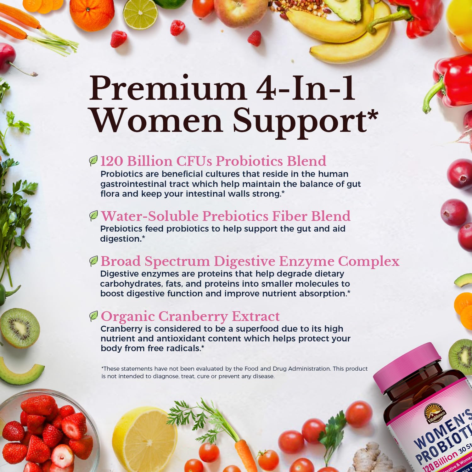 Vitalitown Probiotics for Women 120 Billion CFUs, 30 Strains, with Prebiotics & Digestive Enzymes & Cranberry, Gut & Vaginal Health, Vegan 30 - PrimeBioHealth - canada supplements