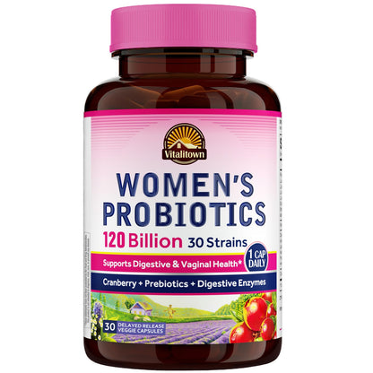 Vitalitown Probiotics for Women 120 Billion CFUs, 30 Strains, with Prebiotics & Digestive Enzymes & Cranberry, Gut & Vaginal Health, Vegan 30 - PrimeBioHealth - canada supplements