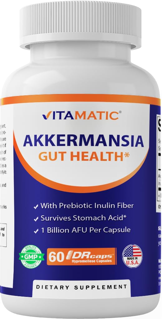 Vitamatic Akkermansia Muciniphila Gut Health - 60 DR Capsules (Delayed Released) - Made with Prebiotic Inulin Fiber - PrimeBioHealth - canada supplements