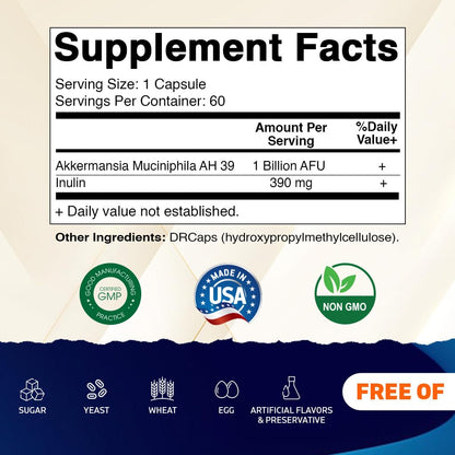 Vitamatic Akkermansia Muciniphila Gut Health - 60 DR Capsules (Delayed Released) - Made with Prebiotic Inulin Fiber - PrimeBioHealth - canada supplements