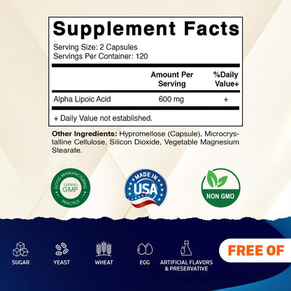 Vitamatic Alpha Lipoic Acid (ALA) 600mg Per Serving - 240 Vegetable Capsules - 120 Servings - Non-GMO & Gluten Free - PrimeBioHealth - canada supplements