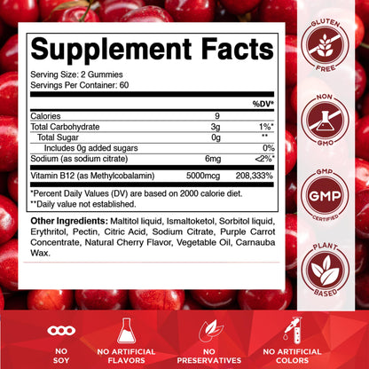 Vitamatic Extra Strength Vitamin B12 5000 mcg (Methyl B12) Gummies - 120 Count - Energy Metabolism Support and Nervous - PrimeBioHealth - canada supplements