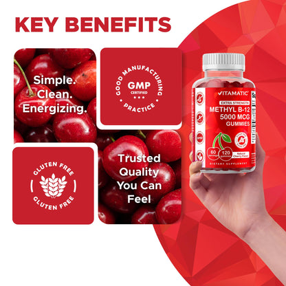 Vitamatic Extra Strength Vitamin B12 5000 mcg (Methyl B12) Gummies - 120 Count - Energy Metabolism Support and Nervous - PrimeBioHealth - canada supplements