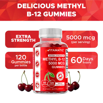 Vitamatic Extra Strength Vitamin B12 5000 mcg (Methyl B12) Gummies - 120 Count - Energy Metabolism Support and Nervous - PrimeBioHealth - canada supplements