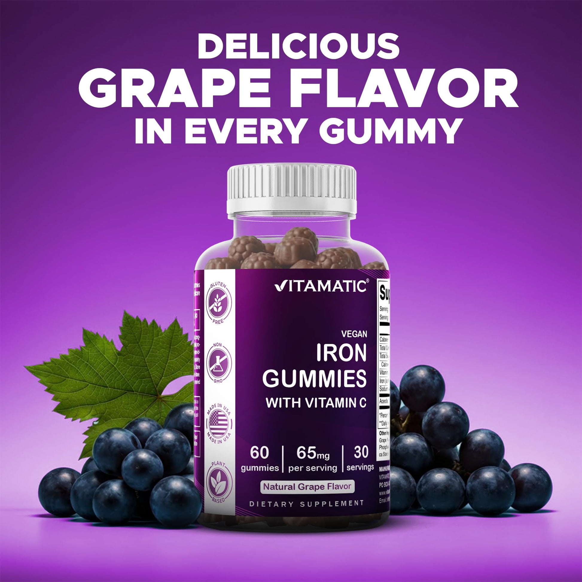 Vitamatic Iron 65 mg Gummies Supplement for Women & Men - 60 Vegan Gummies - Great Tasting Iron Gummy Vitamins with Vitamin C (1) - PrimeBioHealth - canada supplements