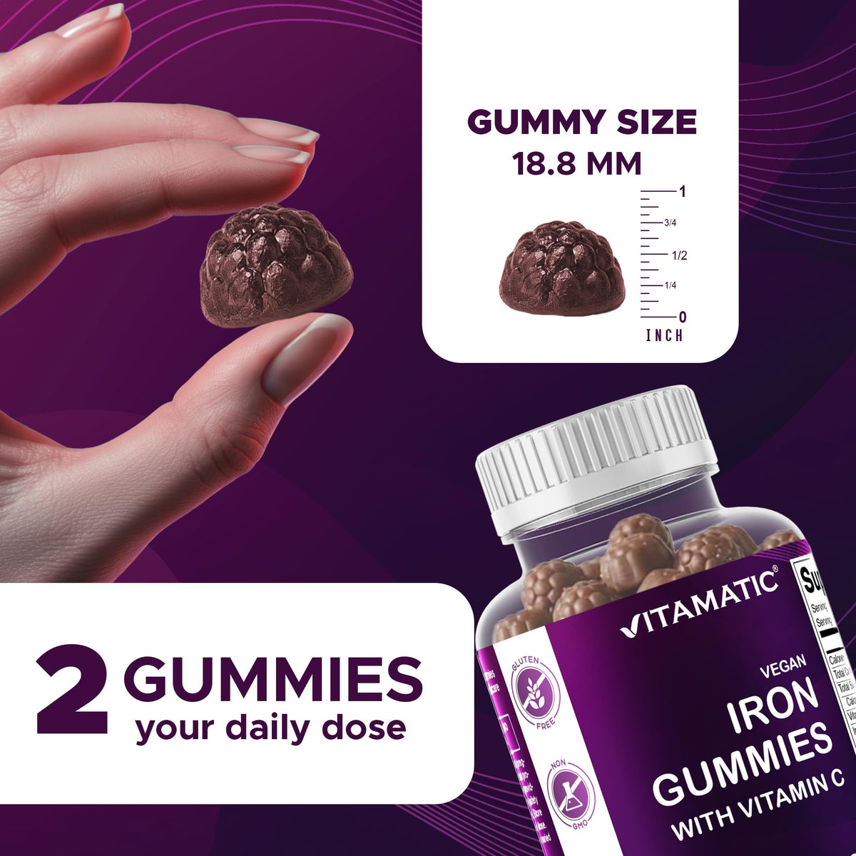 Vitamatic Iron 65 mg Gummies Supplement for Women & Men - 60 Vegan Gummies - Great Tasting Iron Gummy Vitamins with Vitamin C (1) - PrimeBioHealth - canada supplements