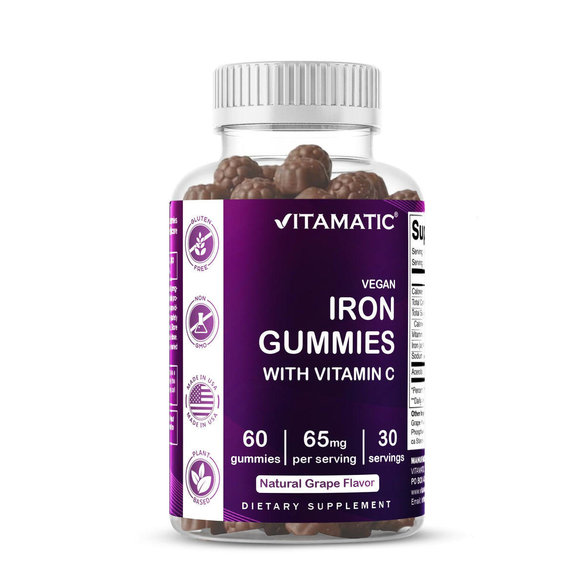 Vitamatic Iron 65 mg Gummies Supplement for Women & Men - 60 Vegan Gummies - Great Tasting Iron Gummy Vitamins with Vitamin C (1) - PrimeBioHealth - canada supplements