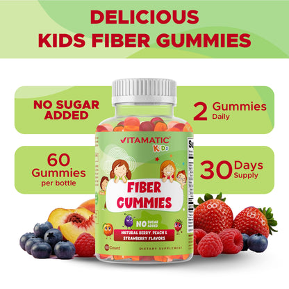 Vitamatic Kids Prebiotic Fiber Gummies – Extra Strength 4g Fiber – Zero Sugar Added – 60 Pectin-Based Gummies – Digestive Health & Regularity Support - PrimeBioHealth - canada supplements