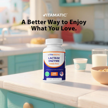 Vitamatic Lactase Enzyme 9000 FCC 240 Tablets - Lactose Intolerance Relief Caplets - PrimeBioHealth - canada supplements