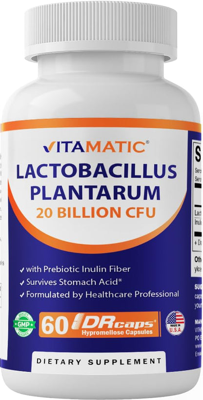 Vitamatic Lactobacillus Plantarum - 20 Billion per DR Capsule - 60 Count - Digestive Support - Made with Prebiotic Inulin Fiber - PrimeBioHealth - canada supplements