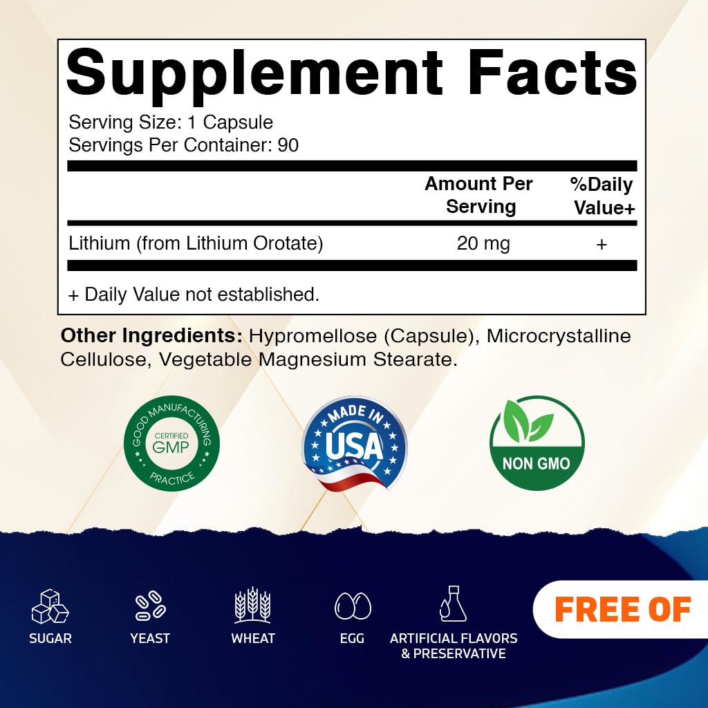 Vitamatic Lithium Orotate 20mg, 90 Capsules - Veggie Caps, Non-GMO, Gluten Free - PrimeBioHealth - canada supplements