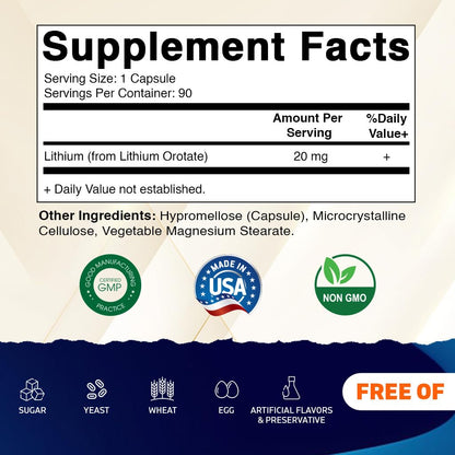 Vitamatic Lithium Orotate 20mg, 90 Capsules - Veggie Caps, Non-GMO, Gluten Free - PrimeBioHealth - canada supplements