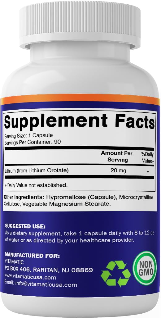 Vitamatic Lithium Orotate 20mg, 90 Capsules - Veggie Caps, Non-GMO, Gluten Free - PrimeBioHealth - canada supplements
