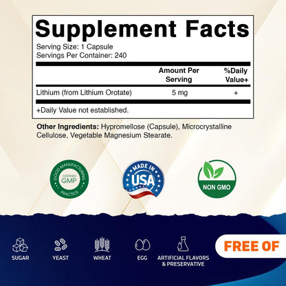 Vitamatic Lithium Orotate 5mg, 240 Veggie Capsules, Non-GMO, Gluten Free. - PrimeBioHealth - canada supplements