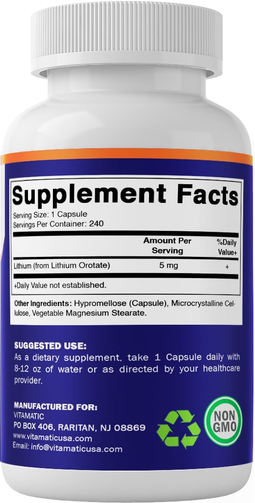 Vitamatic Lithium Orotate 5mg, 240 Veggie Capsules, Non-GMO, Gluten Free. - PrimeBioHealth - canada supplements