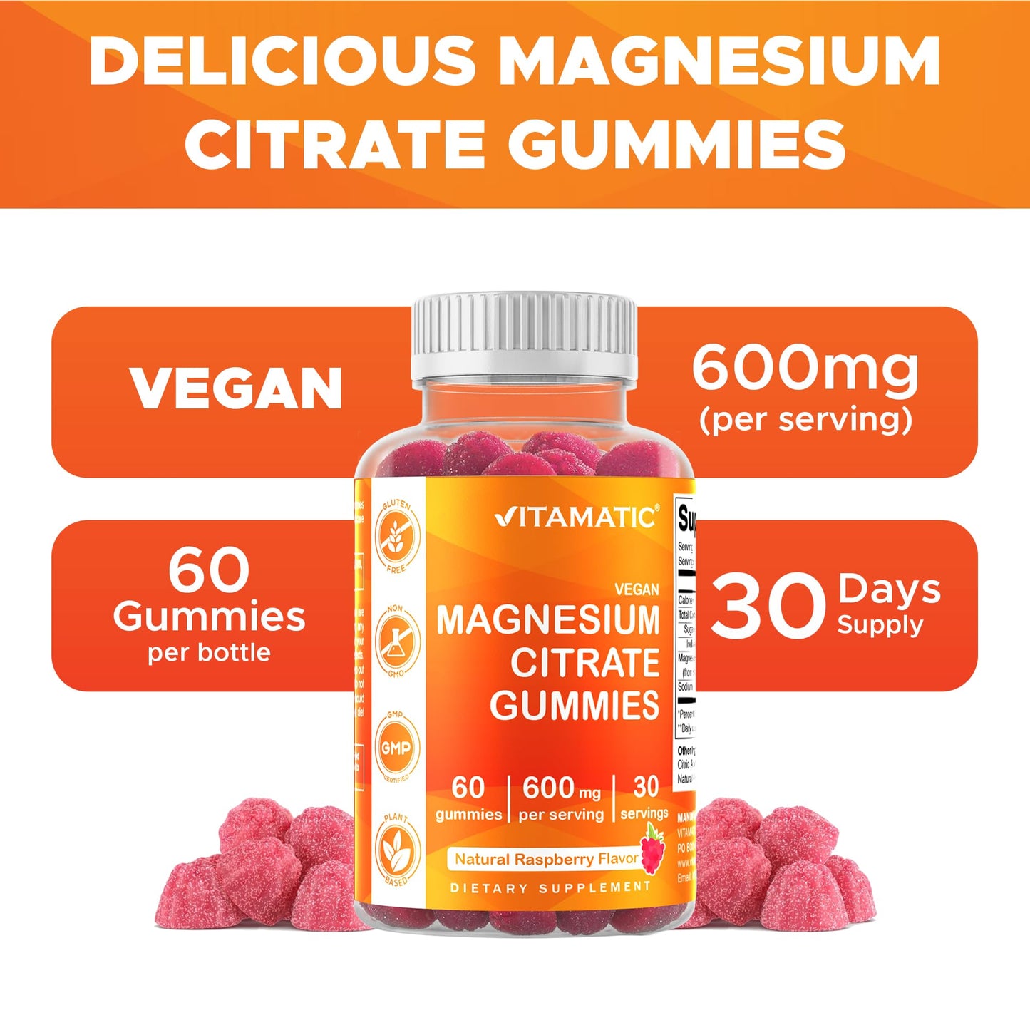 Vitamatic Magnesium Gummies 600mg per Serving – 60 Vegan Gummies – Relaxation, Muscle, Bone & Energy Support – 3 Pack - PrimeBioHealth - canada supplements