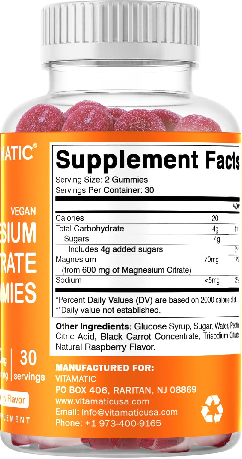 Vitamatic Magnesium Gummies 600mg per Serving – 60 Vegan Gummies – Relaxation, Muscle, Bone & Energy Support – 3 Pack - PrimeBioHealth - canada supplements