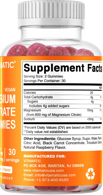 Vitamatic Magnesium Gummies 600mg per Serving – 60 Vegan Gummies – Relaxation, Muscle, Bone & Energy Support – 3 Pack - PrimeBioHealth - canada supplements