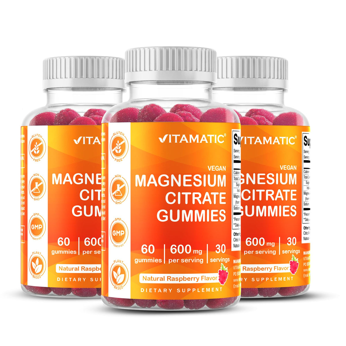 Vitamatic Magnesium Gummies 600mg per Serving – 60 Vegan Gummies – Relaxation, Muscle, Bone & Energy Support – 3 Pack - PrimeBioHealth - canada supplements