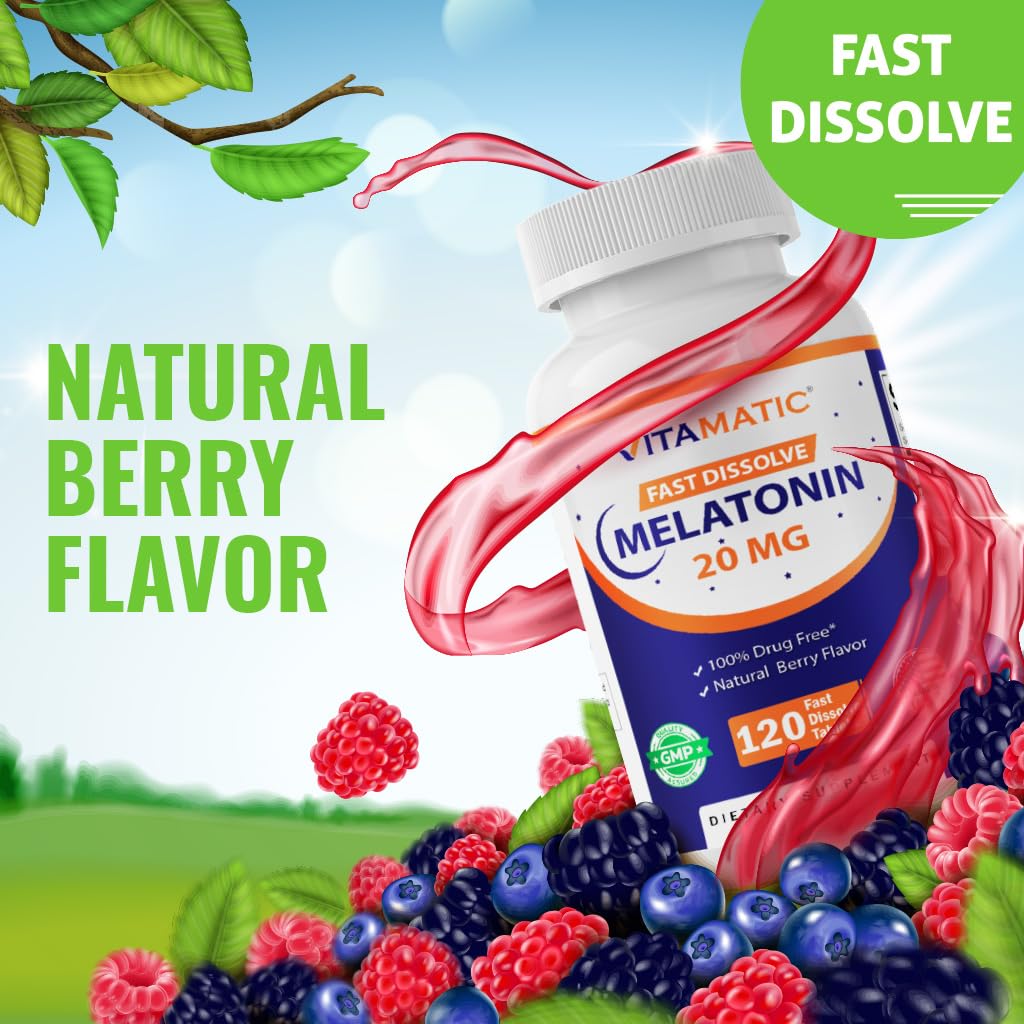 Vitamatic Melatonin 20mg for Sleep Support | Vegetarian, Non-GMO, Gluten Free | HIGH Potency 20 MG | Natural Berry Flavor 120 - PrimeBioHealth - canada supplements