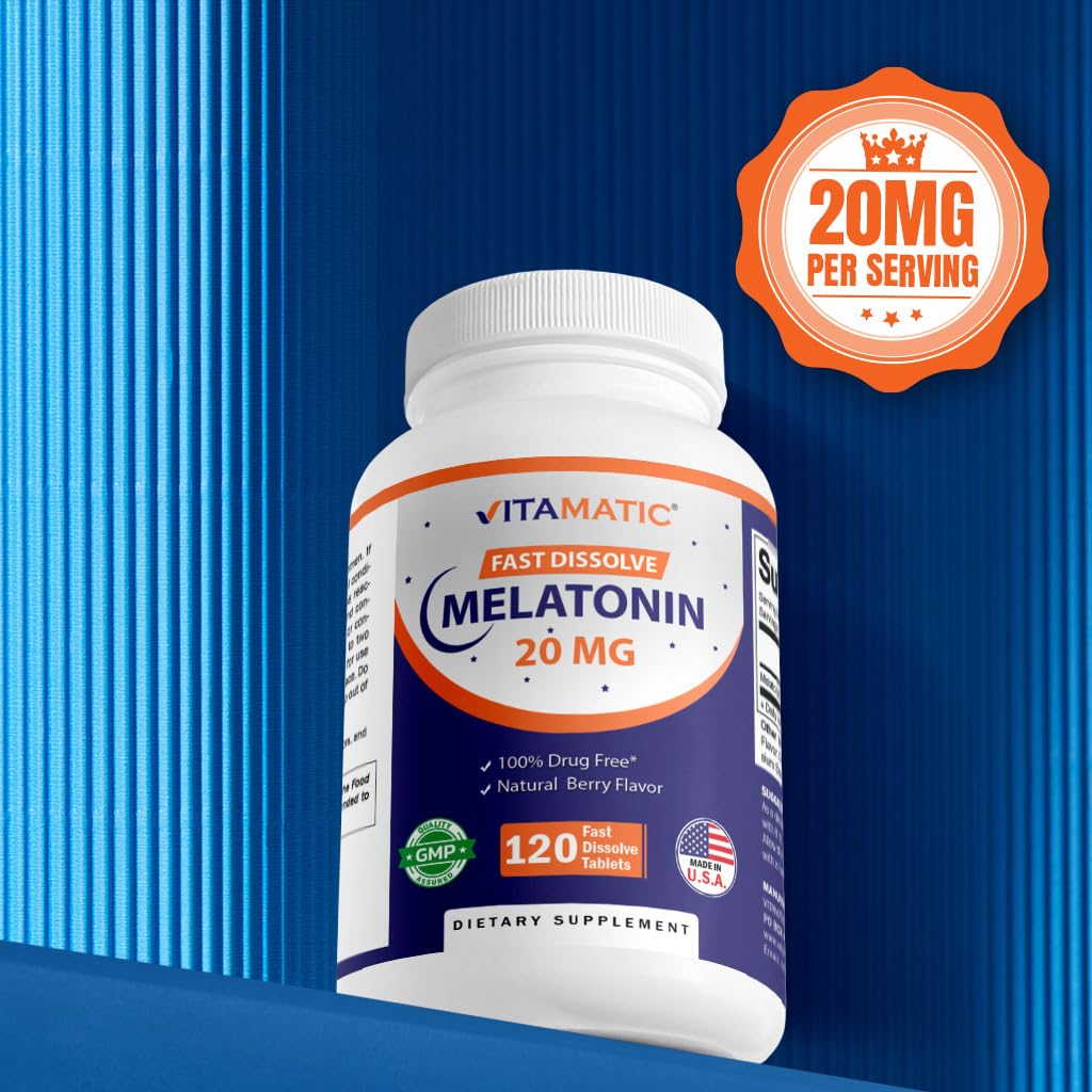 Vitamatic Melatonin 20mg for Sleep Support | Vegetarian, Non-GMO, Gluten Free | HIGH Potency 20 MG | Natural Berry Flavor 120 - PrimeBioHealth - canada supplements