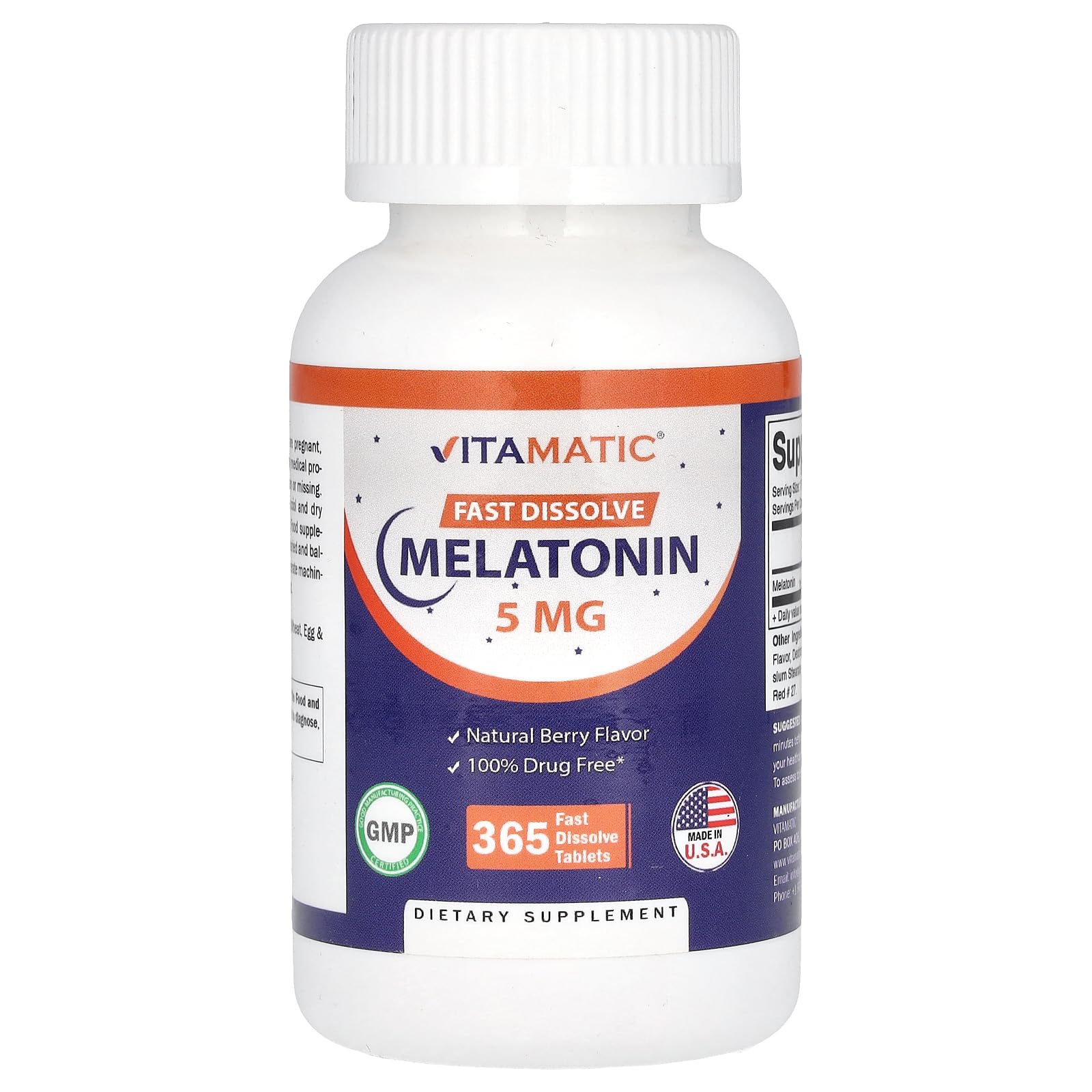 Vitamatic Melatonin 5 mg Tablets | Vegetarian, Non-GMO, Gluten Free | 1 Year Supply | Natural Berry Flavor - 365 Tablets - PrimeBioHealth - canada supplements