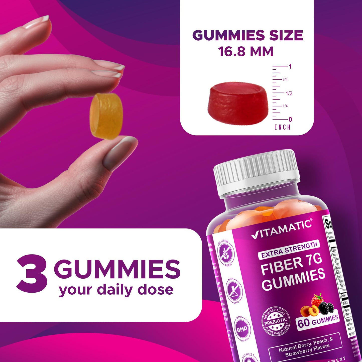 Vitamatic Prebiotic Fiber Gummies for Adults – 2 Pack (Total 120 Gummies) 7g Fiber per Serving | Extra Strength | Zero Sugar Added | Pectin-Based - PrimeBioHealth - canada supplements