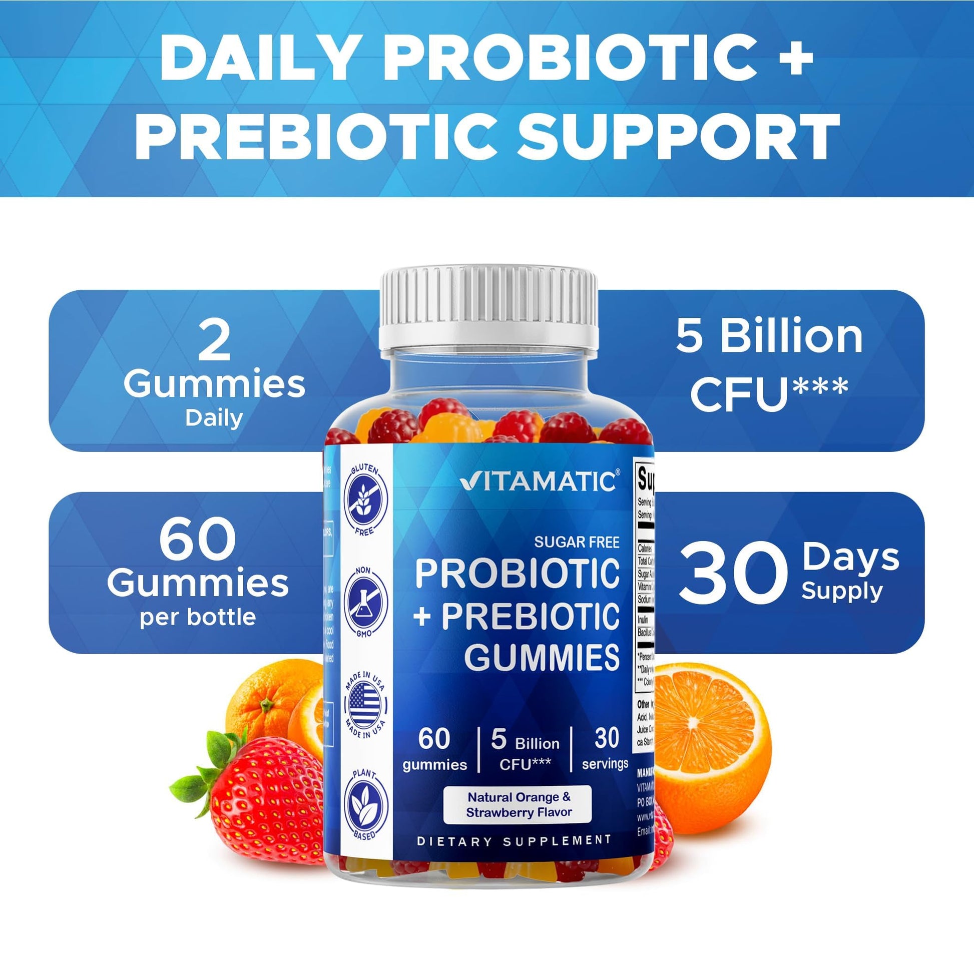 Vitamatic Probiotic Sugar Free Gummies for Men and Women – 5 Billion CFUs Digestive, Immune & Gut Health Support – Gluten Free - PrimeBioHealth - canada supplements