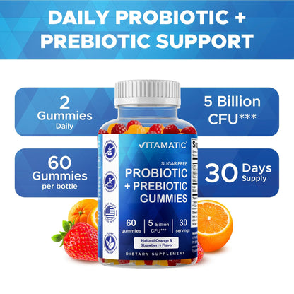 Vitamatic Probiotic Sugar Free Gummies for Men and Women – 5 Billion CFUs Digestive, Immune & Gut Health Support – Gluten Free - PrimeBioHealth - canada supplements