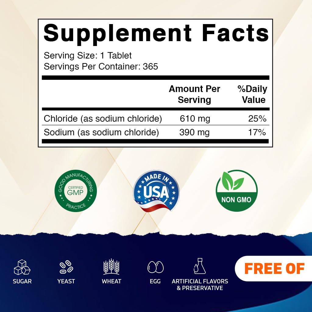 Vitamatic Sodium Chloride 1000mg – 365 Tablets Electrolyte Replenisher & Hydration Support – Non-GMO, Gluten-Free - PrimeBioHealth - canada supplements