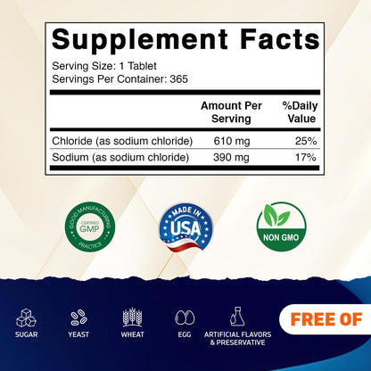 Vitamatic Sodium Chloride 1000mg – 365 Tablets Electrolyte Replenisher & Hydration Support – Non-GMO, Gluten-Free - PrimeBioHealth - canada supplements