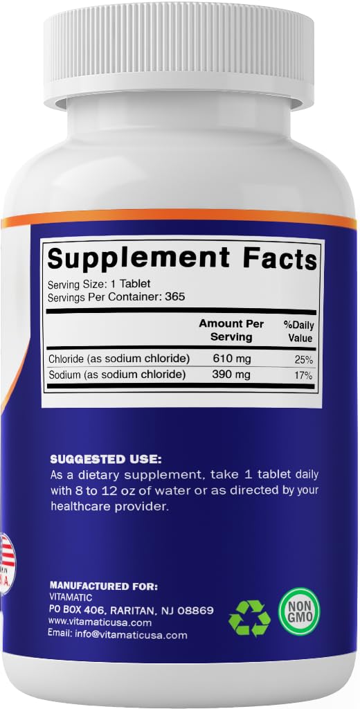Vitamatic Sodium Chloride 1000mg – 365 Tablets Electrolyte Replenisher & Hydration Support – Non-GMO, Gluten-Free - PrimeBioHealth - canada supplements