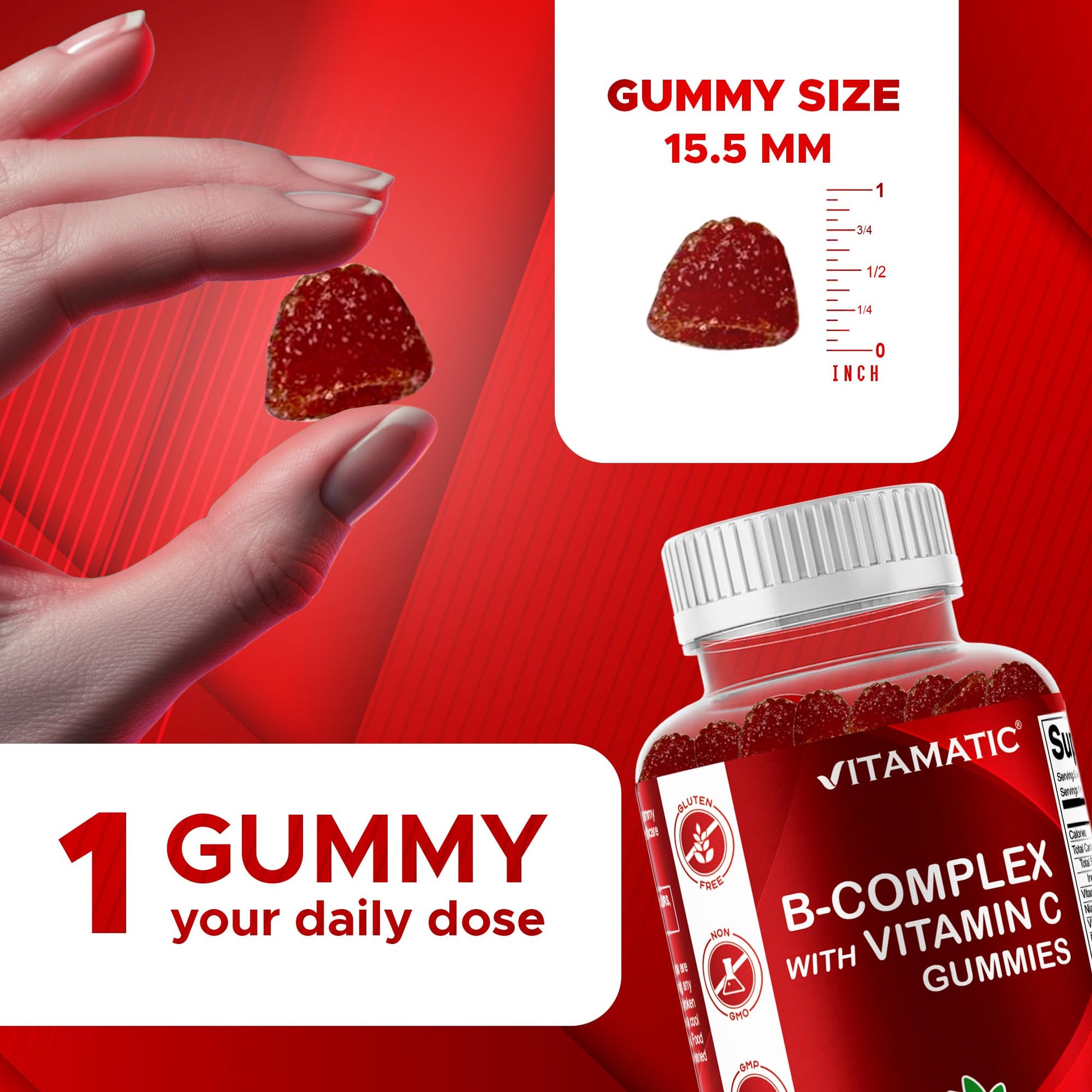 Vitamatic Vitamin B Complex Gummies with Vitamin C & Inositol - Natural Strawberry Flavor - 60 Gummies (1 Bottle) - PrimeBioHealth - canada supplements