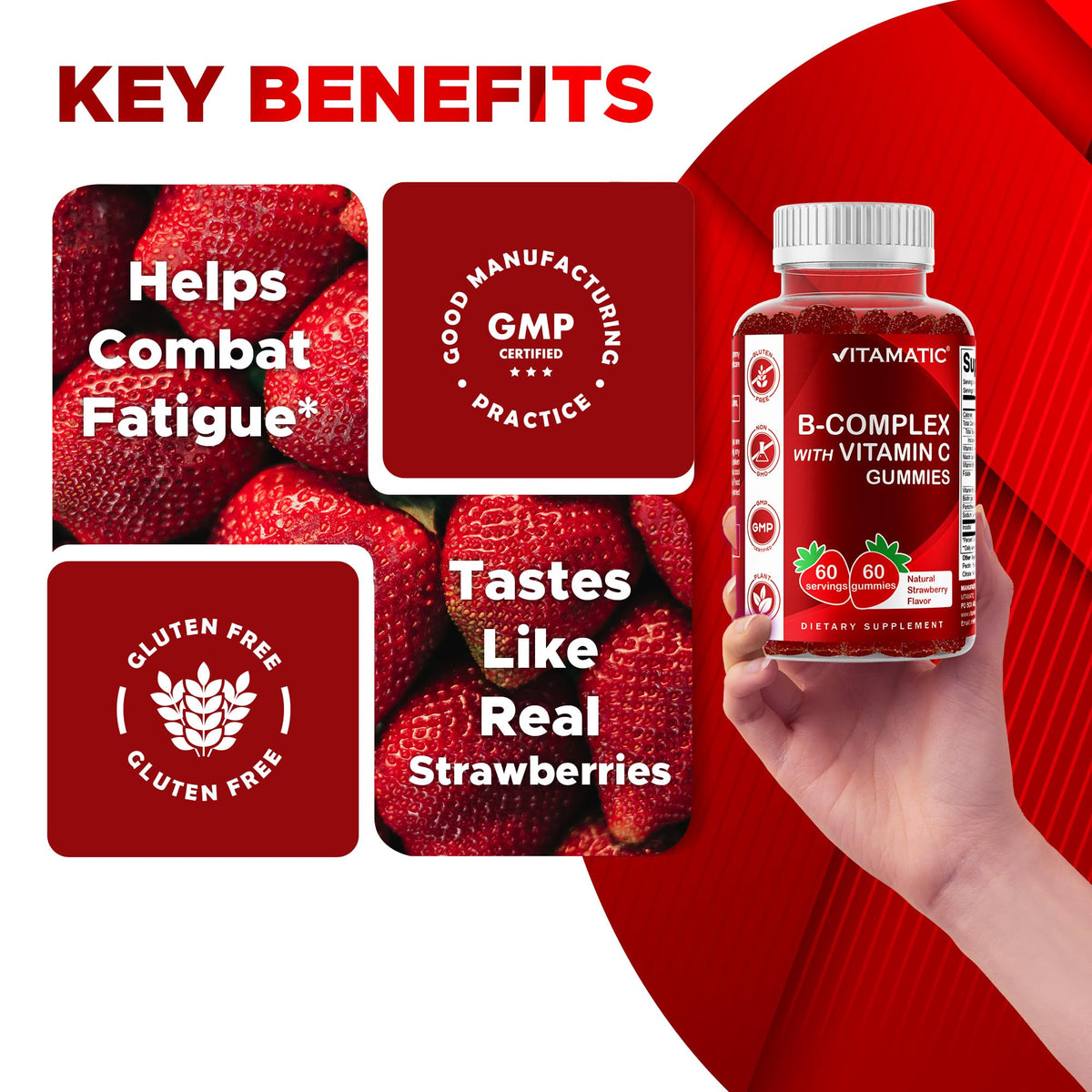 Vitamatic Vitamin B Complex Gummies with Vitamin C & Inositol - Natural Strawberry Flavor - 60 Gummies (1 Bottle) - PrimeBioHealth - canada supplements