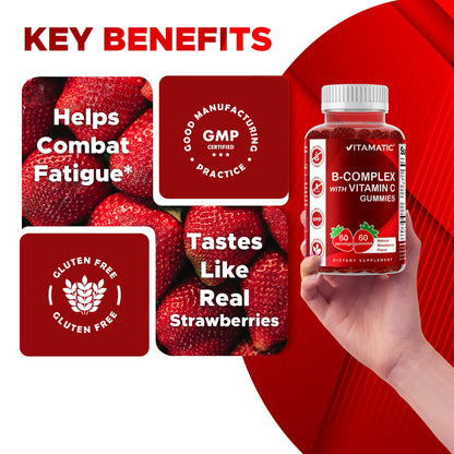 Vitamatic Vitamin B Complex Gummies with Vitamin C & Inositol - Natural Strawberry Flavor - 60 Gummies (1 Bottle) - PrimeBioHealth - canada supplements