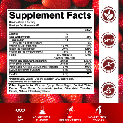 Vitamatic Vitamin B Complex Gummies with Vitamin C & Inositol - Natural Strawberry Flavor - 60 Gummies (1 Bottle) - PrimeBioHealth - canada supplements