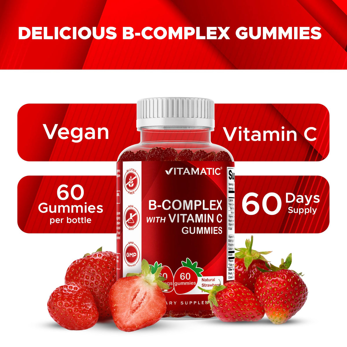 Vitamatic Vitamin B Complex Gummies with Vitamin C & Inositol - Natural Strawberry Flavor - 60 Gummies (1 Bottle) - PrimeBioHealth - canada supplements