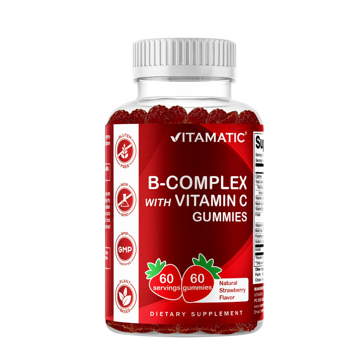 Vitamatic Vitamin B Complex Gummies with Vitamin C & Inositol - Natural Strawberry Flavor - 60 Gummies (1 Bottle) - PrimeBioHealth - canada supplements