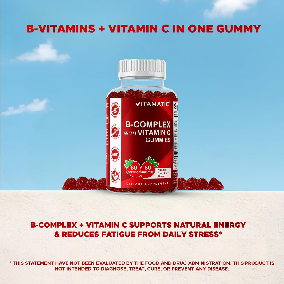 Vitamatic Vitamin B Complex Gummies with Vitamin C & Inositol - Natural Strawberry Flavor - 60 Gummies (1 Bottle) - PrimeBioHealth - canada supplements