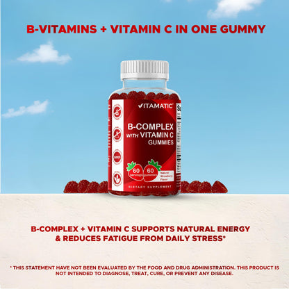 Vitamatic Vitamin B Complex Gummies with Vitamin C & Inositol - Natural Strawberry Flavor - 60 Gummies (1 Bottle) - PrimeBioHealth - canada supplements