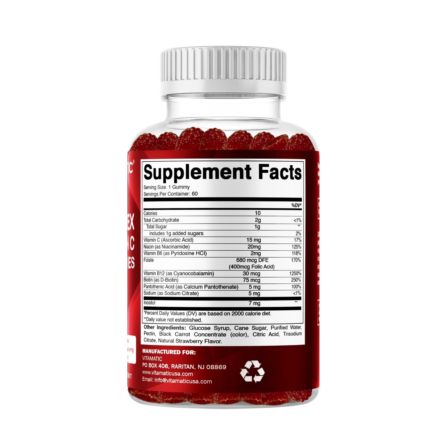 Vitamatic Vitamin B Complex Gummies with Vitamin C & Inositol - Natural Strawberry Flavor - 60 Gummies (1 Bottle) - PrimeBioHealth - canada supplements