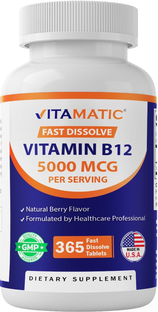 Vitamatic Vitamin B12 5000 mcg – 365 Fast Dissolve Tablets Berry Flavor – Supports Energy Production & Nervous System Health - PrimeBioHealth - canada supplements